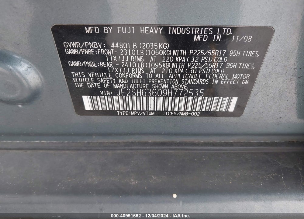 2009 SUBARU FORESTER 2.5X VIN: JF2SH63609H772535