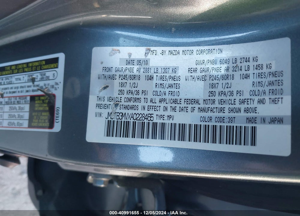 2010 MAZDA CX-9 SPORT VIN: JM3TB3MVXA0228465