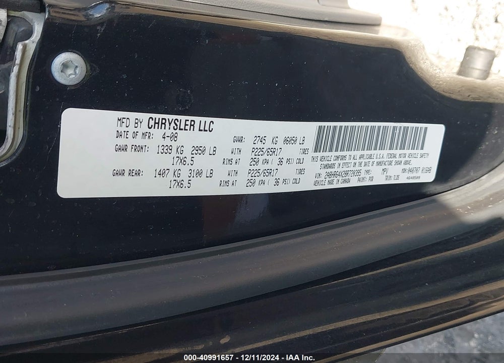 2008 CHRYSLER TOWN & COUNTRY LIMITED VIN: 2A8HR64X28R720395