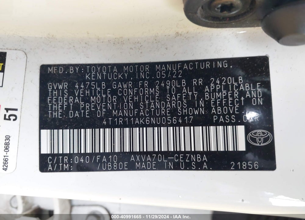 2022 TOYOTA CAMRY LE VIN: 4T1R11AK6NU056417