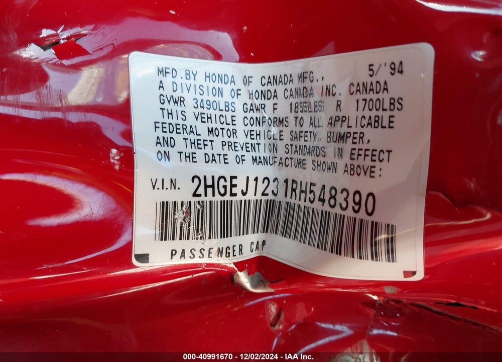 1994 HONDA CIVIC EX VIN: 2HGEJ1231RH548390