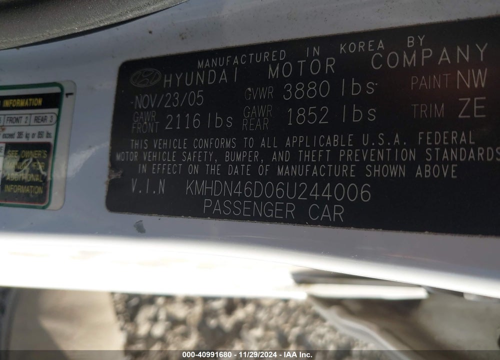 2006 HYUNDAI ELANTRA GLS/LIMITED VIN: KMHDN46D06U244006