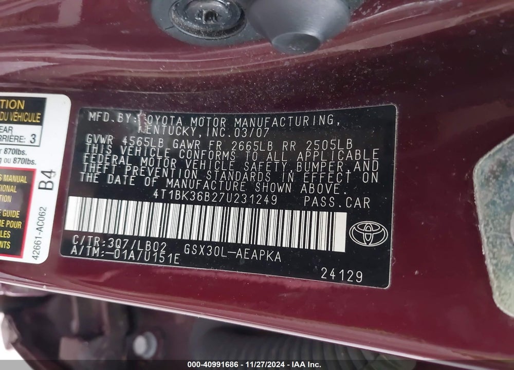 2007 TOYOTA AVALON LIMITED VIN: 4T1BK36B27U231249