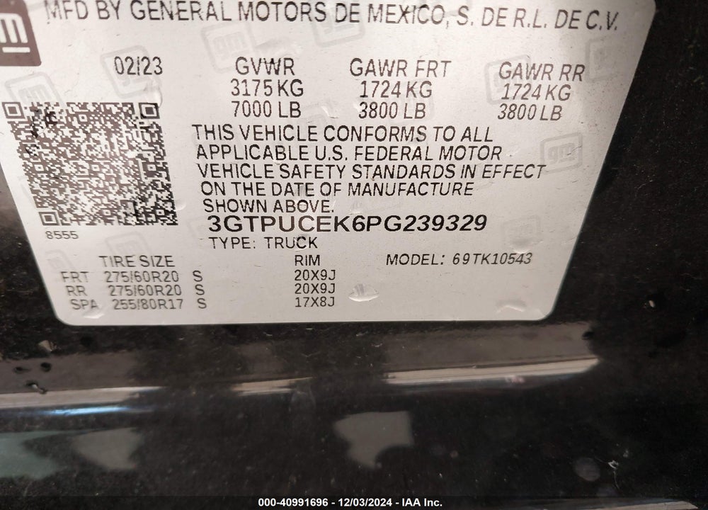 2023 GMC SIERRA 1500 VIN: 3GTPUCEK6PG239329