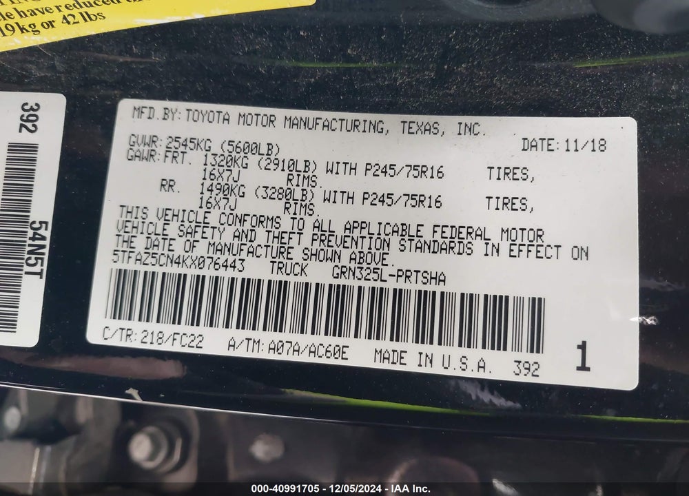 2019 TOYOTA TACOMA VIN: 5TFAZ5CN4KX076443