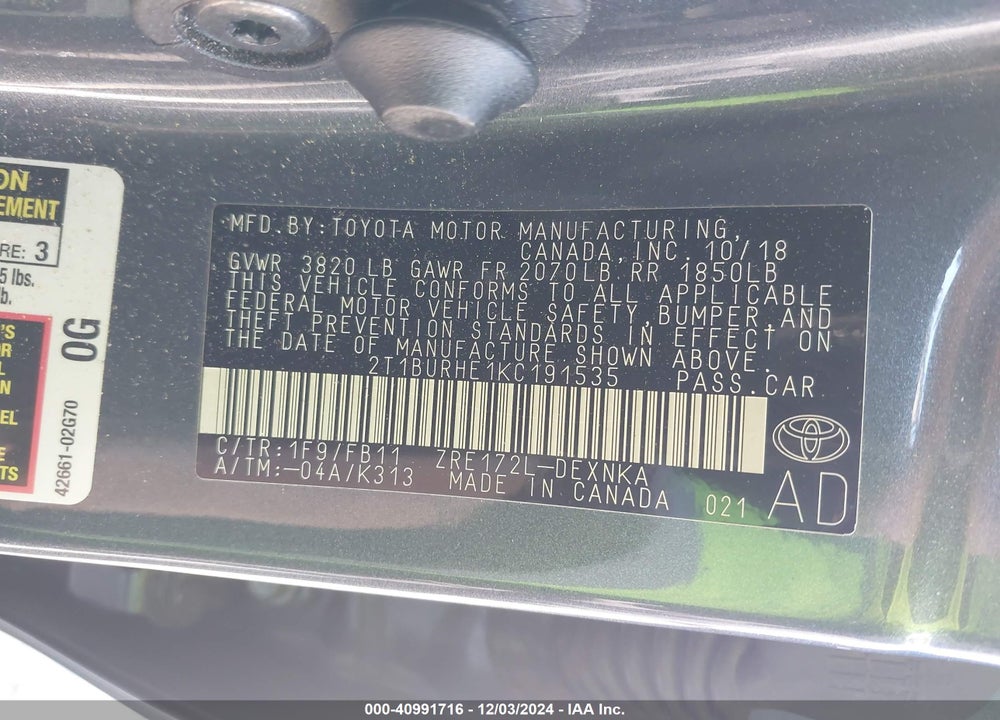 2019 TOYOTA COROLLA LE VIN: 2T1BURHE1KC191535