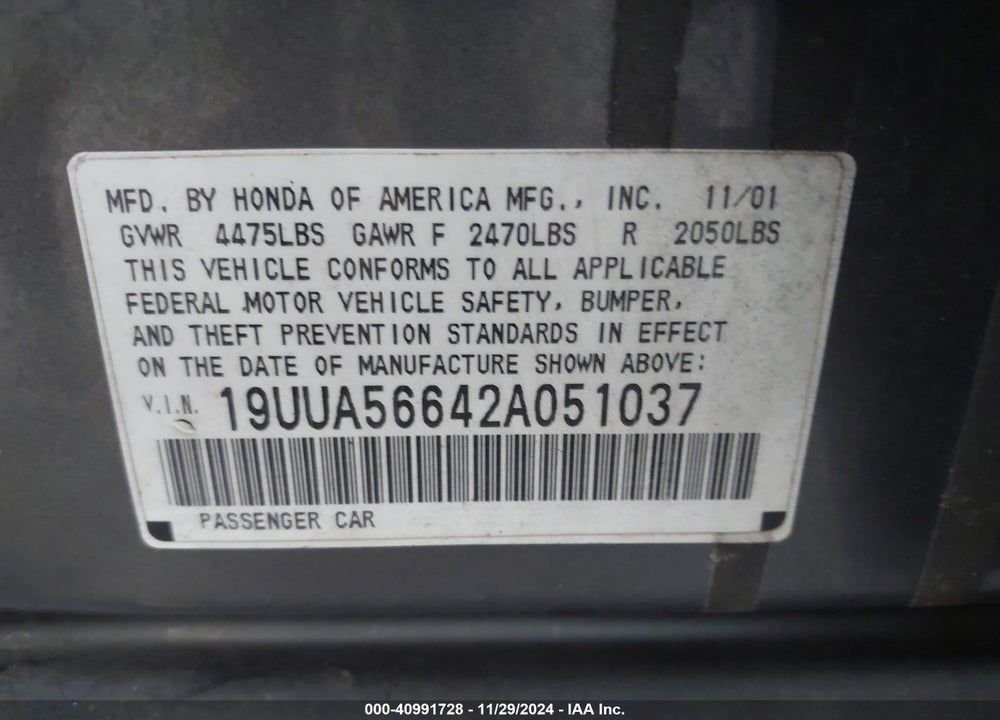 2002 ACURA TL 3.2 VIN: 19UUA56642A051037