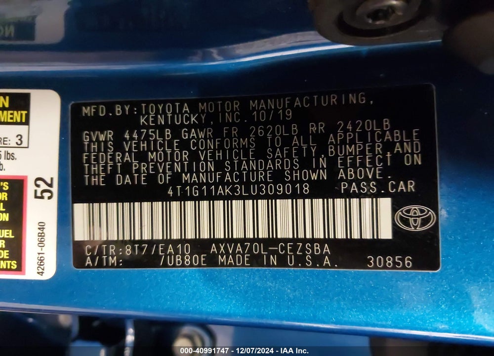2020 TOYOTA CAMRY SE VIN: 4T1G11AK3LU309018