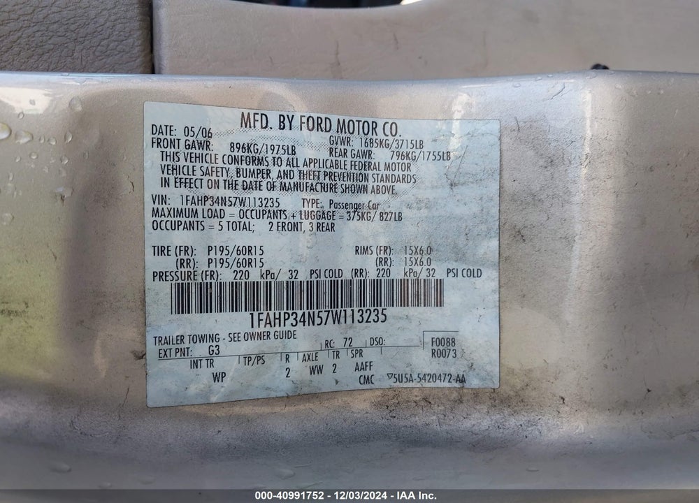 2007 FORD FOCUS S/SE/SES VIN: 1FAHP34N57W113235