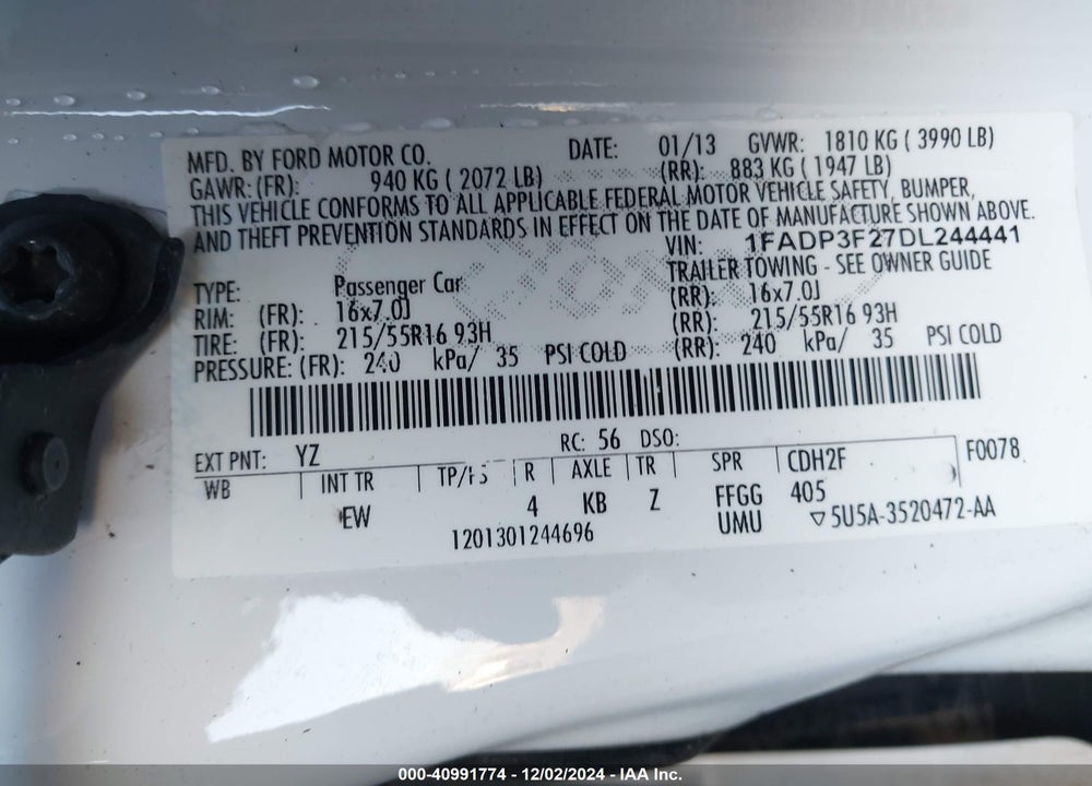 2013 FORD FOCUS SE VIN: 1FADP3F27DL244441