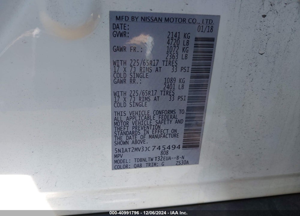 2018 NISSAN ROGUE SV VIN: 5N1AT2MV3JC745494