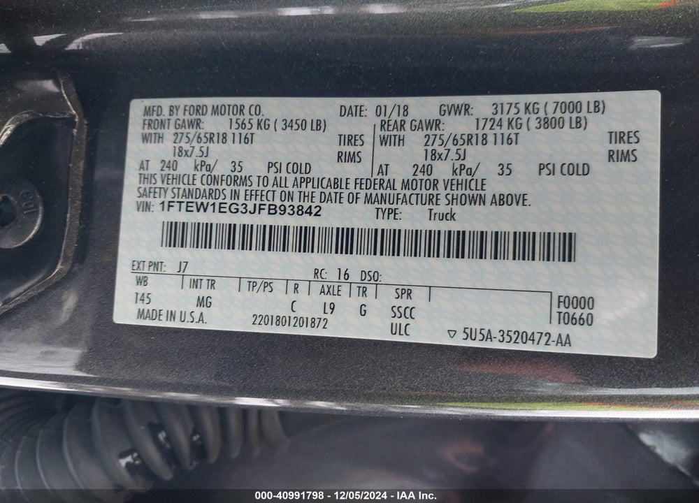 2018 FORD F-150 XLT VIN: 1FTEW1EG3JFB93842