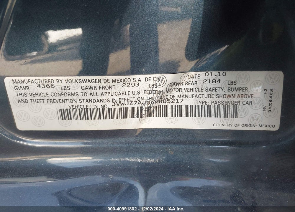 2010 VOLKSWAGEN JETTA S VIN: 3VWJZ7AJ0AM085217