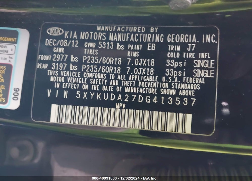 2013 KIA SORENTO EX V6 VIN: 5XYKUDA27DG413537