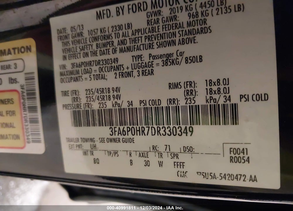 2013 FORD FUSION SE VIN: 3FA6P0HR7DR330349