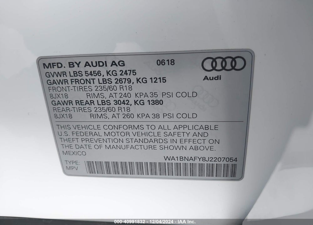 2018 AUDI Q5 2.0T PREMIUM VIN: WA1BNAFY8J2207054