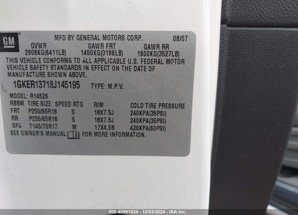 2008 GMC ACADIA SLE-1 VIN: 1GKER13718J145195