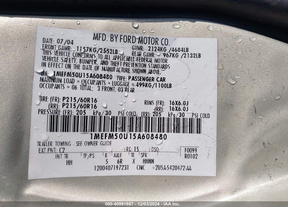 2005 MERCURY SABLE GS VIN: 1MEFM50U15A608480