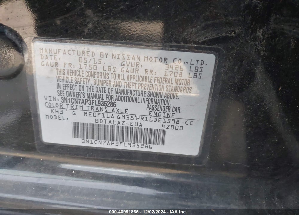 2015 NISSAN VERSA 1.6 S+ VIN: 3N1CN7AP3FL935286
