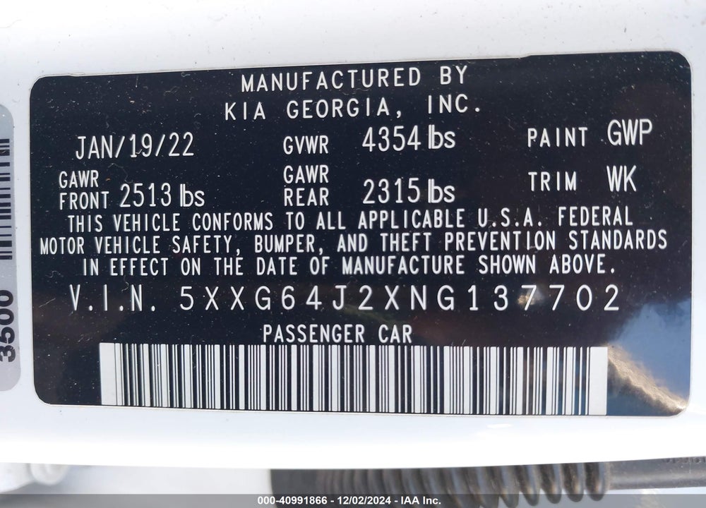 2022 KIA K5 VIN: 5XXG64J2XNG137702