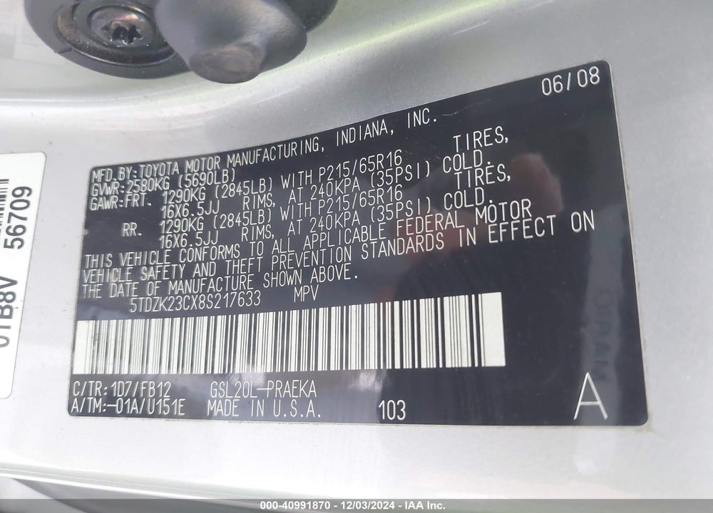 2008 TOYOTA SIENNA CE VIN: 5TDZK23CX8S217633