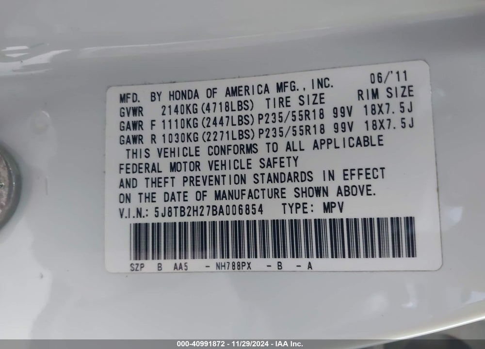 2011 ACURA RDX VIN: 5J8TB2H27BA006854
