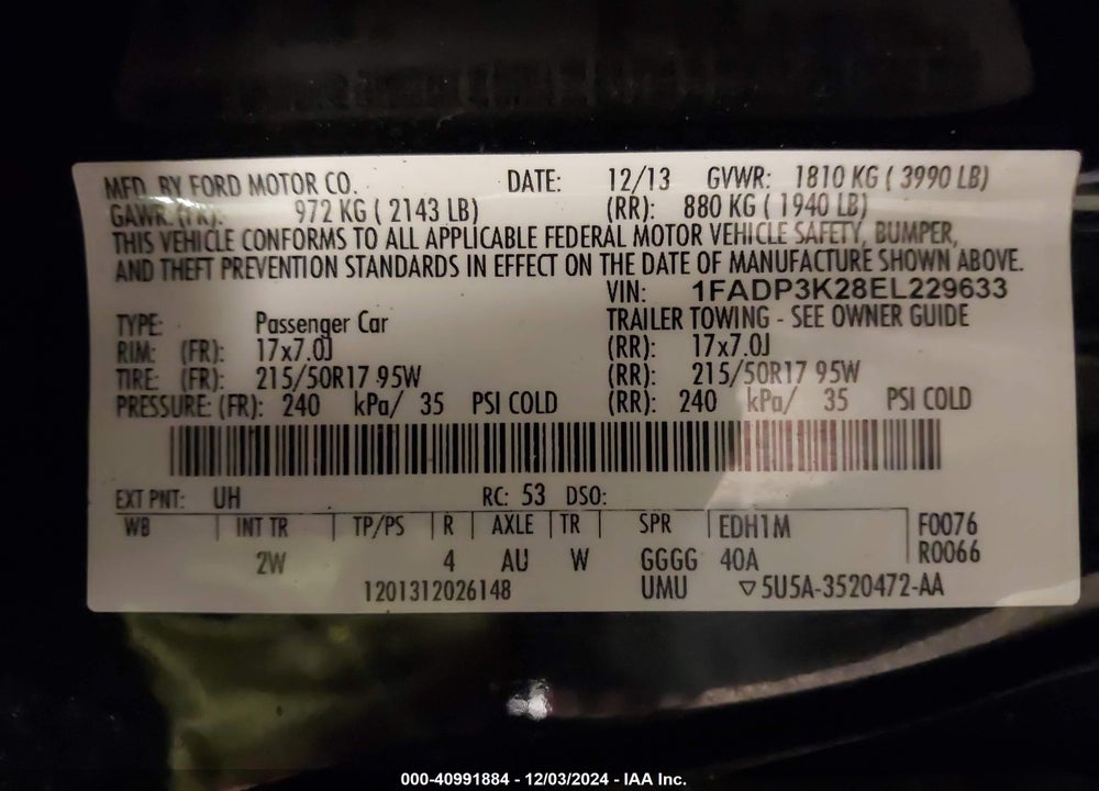 2014 FORD FOCUS SE VIN: 1FADP3K28EL229633