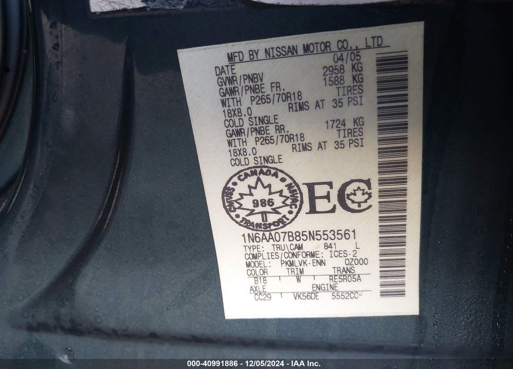 2005 NISSAN TITAN XE VIN: 1N6AA07B85N553561