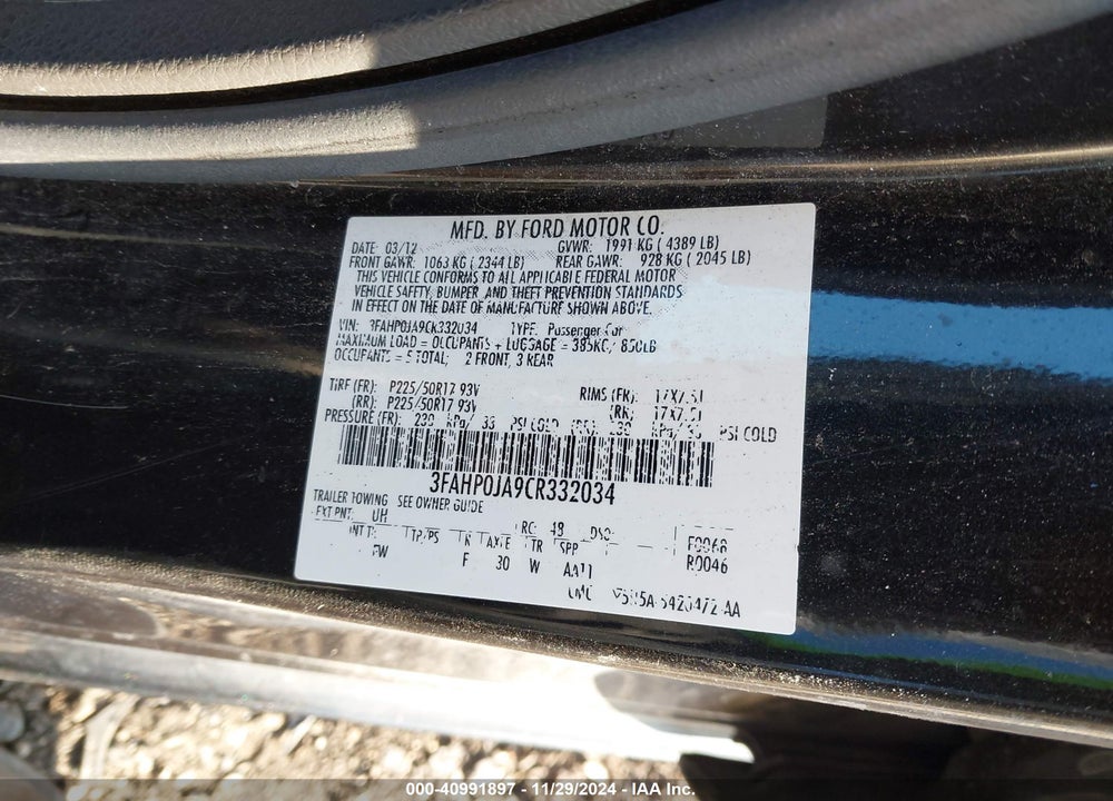 2012 FORD FUSION SEL VIN: 3FAHP0JA9CR332034