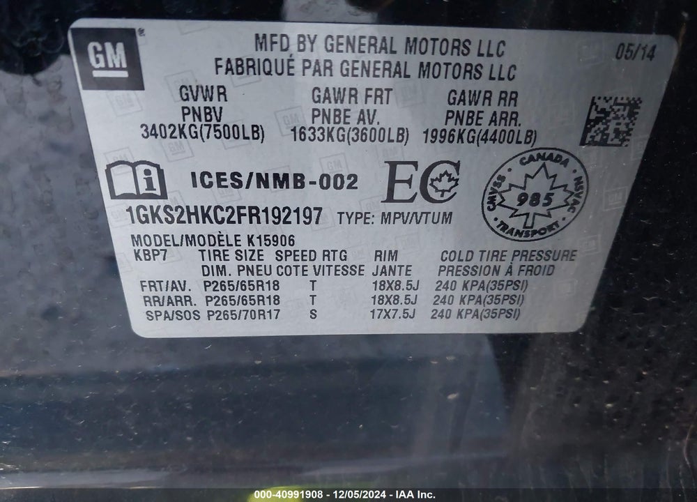 2015 GMC YUKON XL 1500 SLT VIN: 1GKS2HKC2FR192197