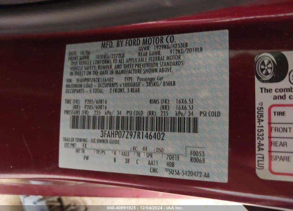 2007 FORD FUSION SE VIN: 3FAHP07Z97R146402