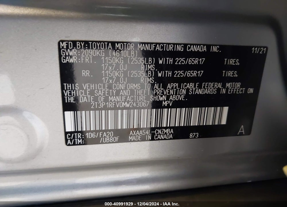 2021 TOYOTA RAV4 XLE VIN: 2T3P1RFV0MW243067