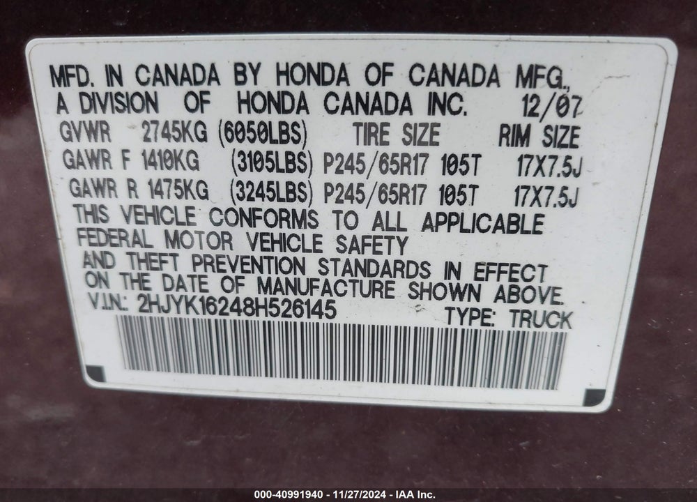 2008 HONDA RIDGELINE RT VIN: 2HJYK16248H526145