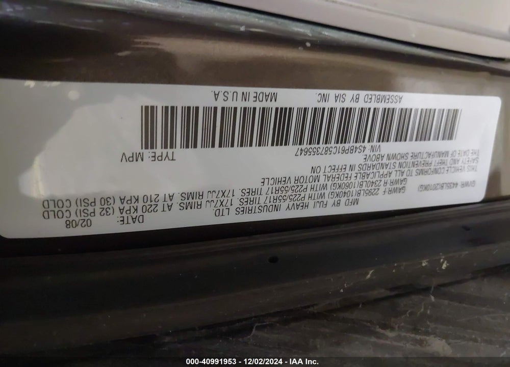2008 SUBARU OUTBACK 2.5I/2.5I L.L. BEAN EDITION VIN: 4S4BP61C587355647
