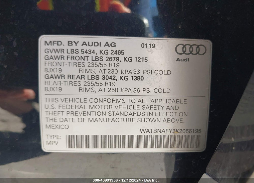 2019 AUDI Q5 45 PREMIUM VIN: WA1BNAFY2K2056195