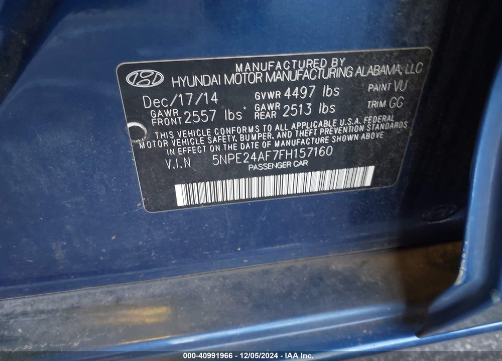 2015 HYUNDAI SONATA SE VIN: 5NPE24AF7FH157160