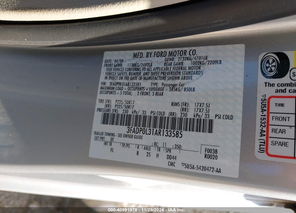 2010 FORD FUSION HYBRID VIN: 3FADP0L31AR133585