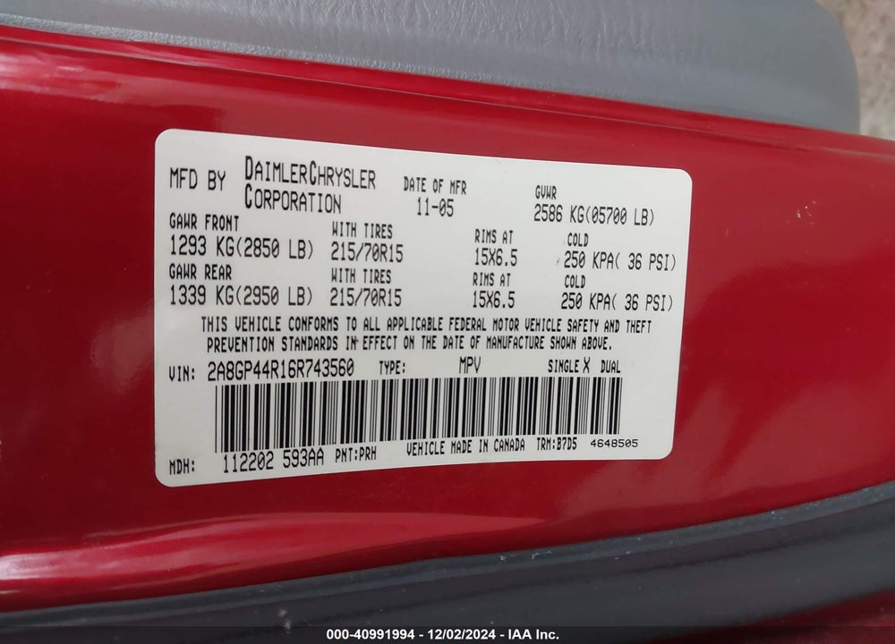 2006 CHRYSLER TOWN & COUNTRY LX VIN: 2A8GP44R16R743560