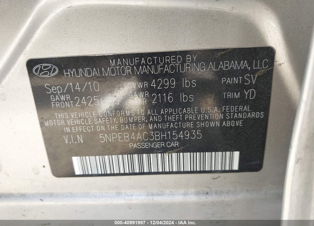 2011 HYUNDAI SONATA GLS VIN: 5NPEB4AC3BH154935