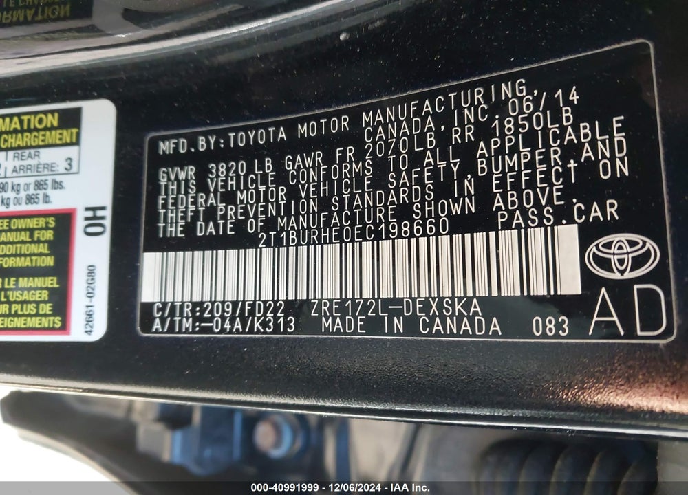 2014 TOYOTA COROLLA S PLUS VIN: 2T1BURHE0EC198660