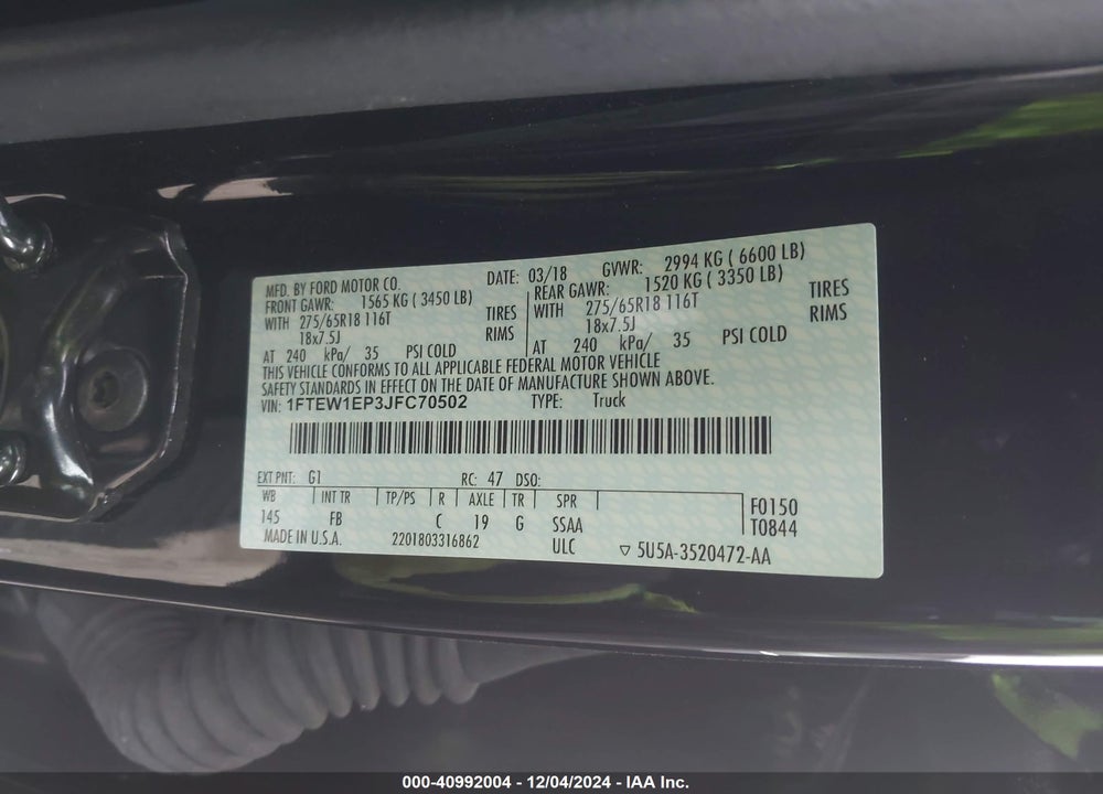 2018 FORD F-150 XLT VIN: 1FTEW1EP3JFC70502