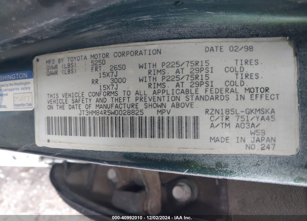 1998 TOYOTA 4RUNNER VIN: JT3HM84R5W0028825