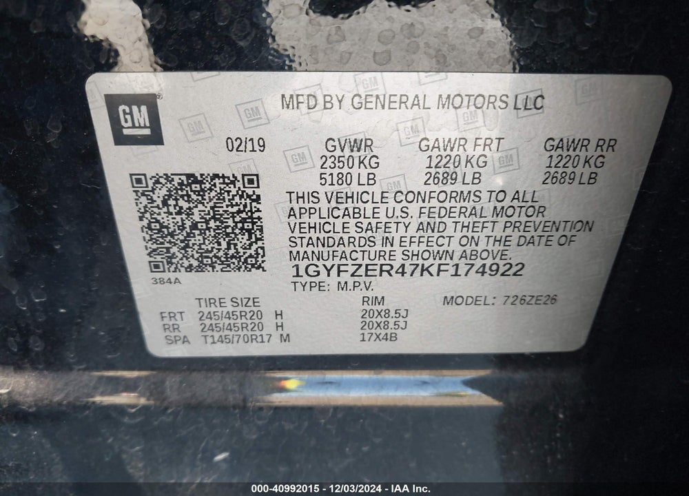 2019 CADILLAC XT4 SPORT VIN: 1GYFZER47KF174922