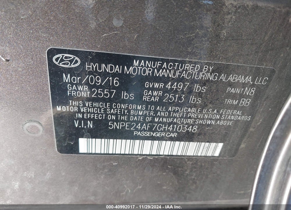 2016 HYUNDAI SONATA SE VIN: 5NPE24AF7GH410348