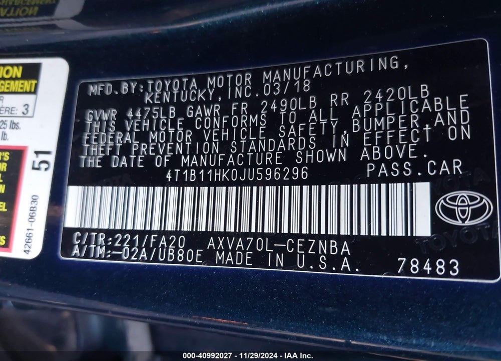 2018 TOYOTA CAMRY LE VIN: 4T1B11HK0JU596296