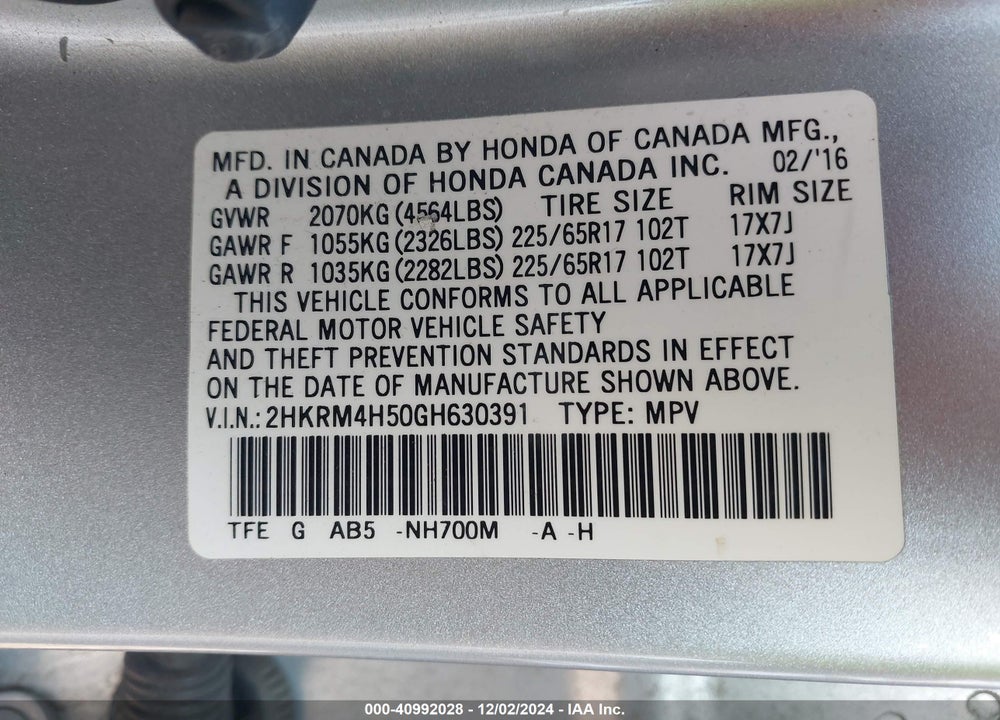 2016 HONDA CR-V EX VIN: 2HKRM4H50GH630391