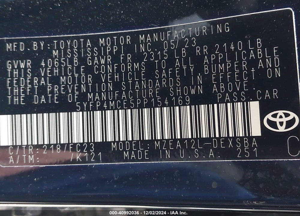 2023 TOYOTA COROLLA SE VIN: 5YFP4MCE5PP154169