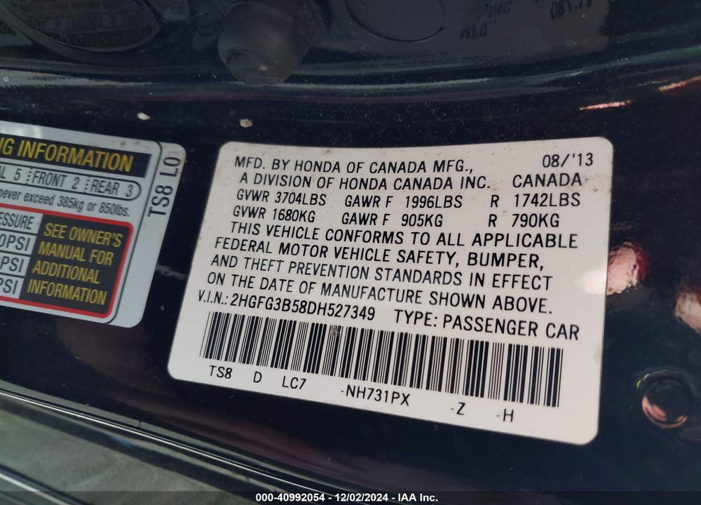 2013 HONDA CIVIC LX VIN: 2HGFG3B58DH527349