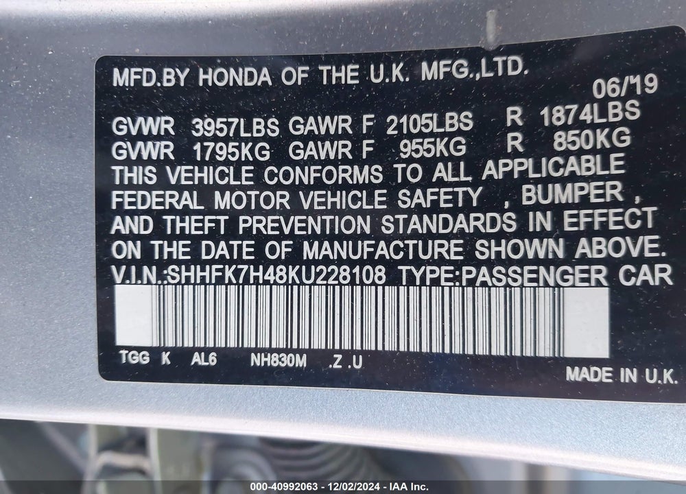 2019 HONDA CIVIC SPORT VIN: SHHFK7H48KU228108