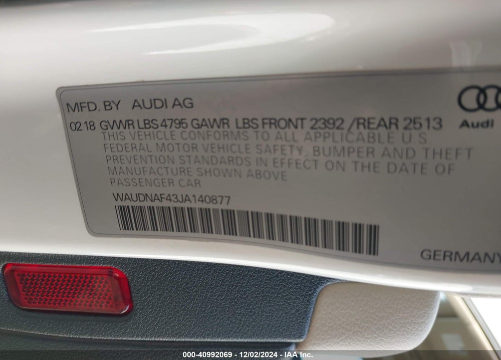 2018 AUDI A4 2.0T PREMIUM/2.0T TECH PREMIUM VIN: WAUDNAF43JA140877